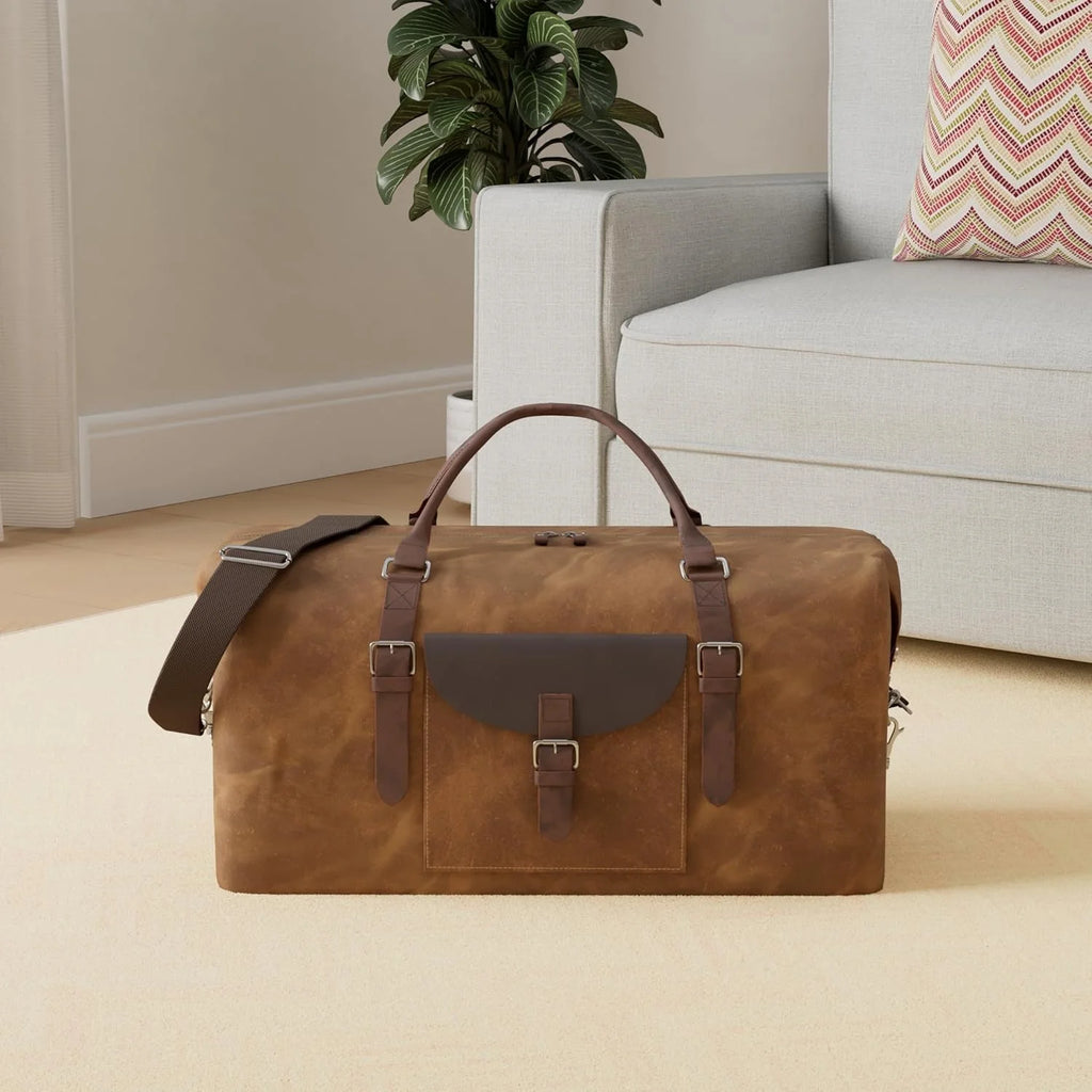 Oversized Travel Duffel Bag Waterproof Canvas Genuine Leather Weekend bag Weekender Overnight Carryon Hand Bag