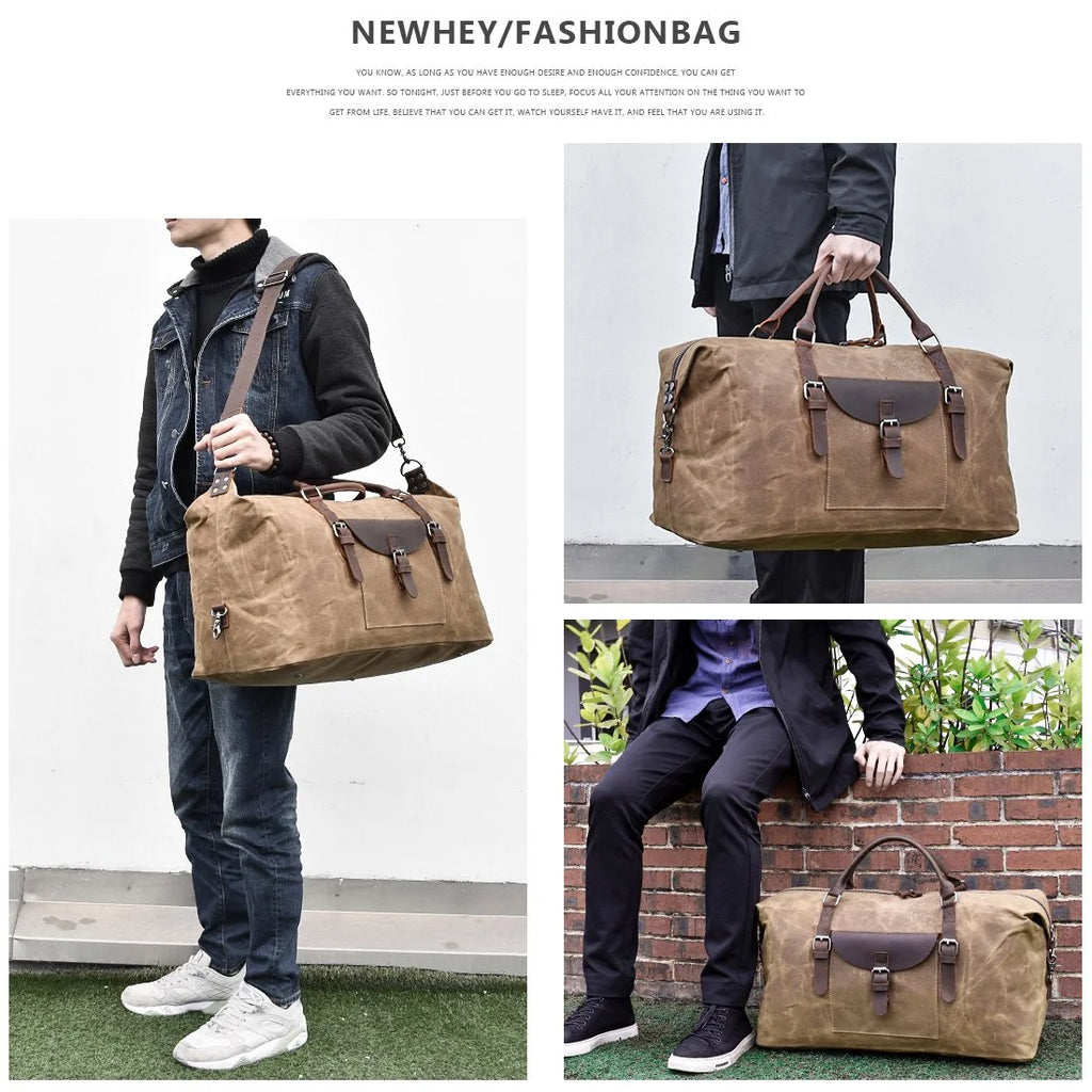 Oversized Travel Duffel Bag Waterproof Canvas Genuine Leather Weekend bag Weekender Overnight Carryon Hand Bag